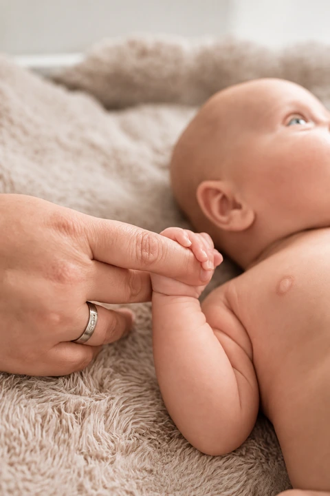 Ein Baby hält den Finger seiner Bezugsperson