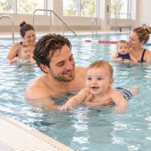 Eltern und Babys bei einer begleiteten Wassergewöhnung im Hallenbad