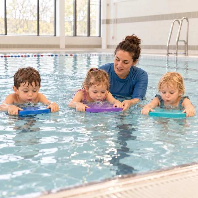 Kinder üben gemeinsam mit Schwimmbrettern und Kursbegleitung im Hallenbad